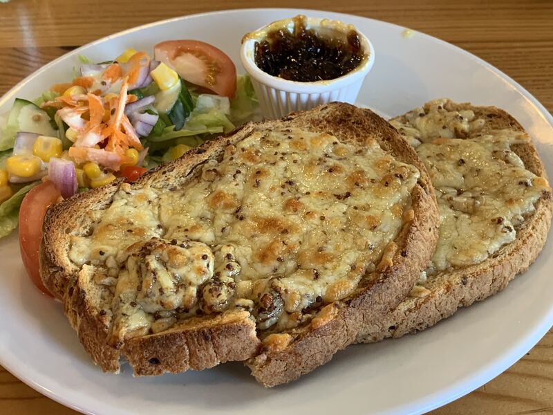 Welsh Rarebit:  cheese, beer and mustard on toast, with a side of an onion chutney